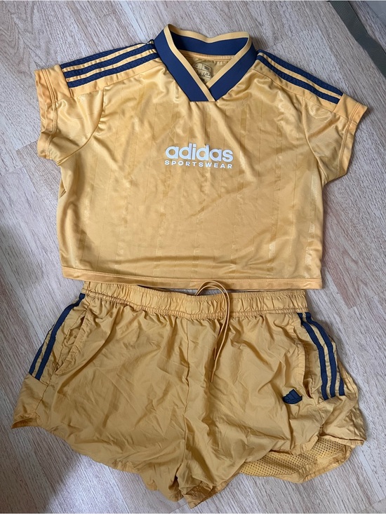 adidas Pants - adidas Yellow and grey Cropped Sports Tee & Shorts Set